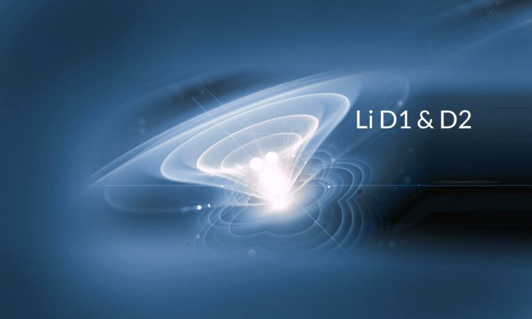 Abstract digital illustration with swirling white light patterns on a blue background, featuring the text "Li D1 & D2" on the right side—an artistic nod to spectroscopy and the distinctive Li D1 & D2 line.