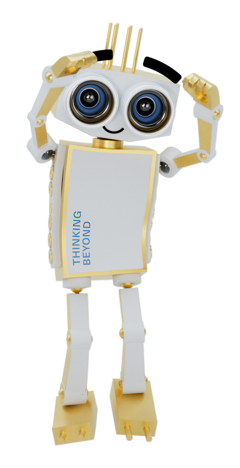 A smiling robot with large round eyes and mechanical arms raised, featuring a box-like body with the text "THINKING BEYOND" on its front.