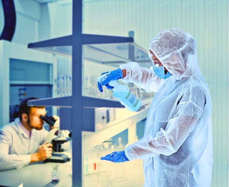 Ein Wissenschaftler in Schutzkleidung benutzt eine Sprühflasche in einem Labor, während eine andere Person im Hintergrund Proben durch ein Mikroskop betrachtet.