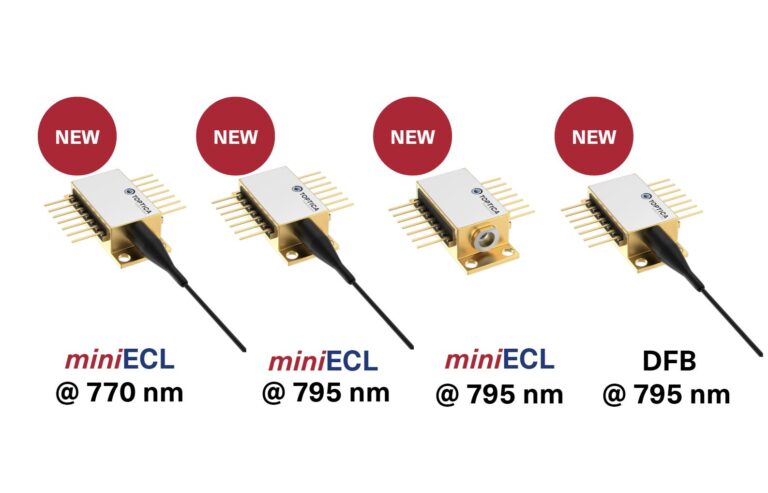 Es werden vier als neu gekennzeichnete Lasermodule mit den Spezifikationen miniECL bei 770 nm, miniECL bei 795 nm (zwei Typen) und DFB bei 795 nm angezeigt.