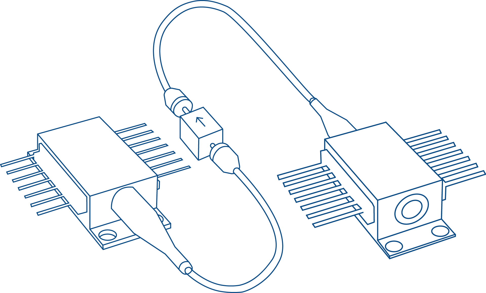 Line drawing of two miniECL electronic modules connected by a cable with an inline component marked by an arrow, indicating signal direction—ideal for illustrating scrollytelling narratives.